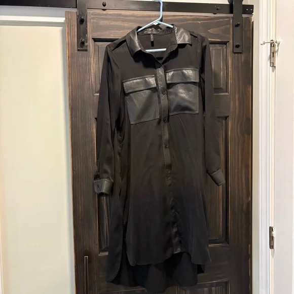 BCBG Black Button-Up Shirt Dress with Faux Leather Accents - Picture 2 of 5